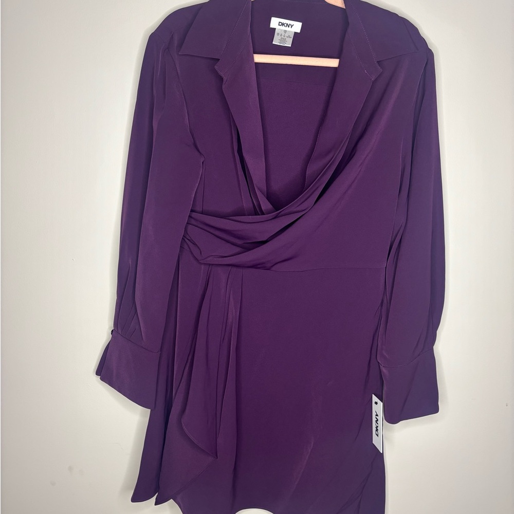 DKNY NWT Deep Purple Long Sleeve V-neck Wrap Mini Dress Ruched Collared Office - Picture 3 of 7